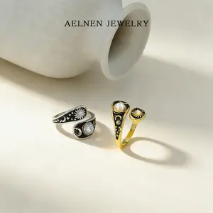 AELNEN Dual-Tone Celestial Adjustable Ring Set - Gold/Silver Tone Artificial Moonstone Sun & Moon Statement Rings - Mystical Style Jewelry - Gift for Her