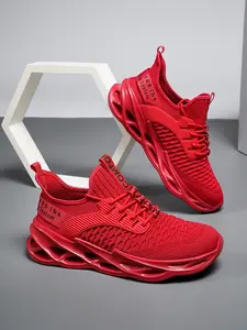 Men’s Neon Green Blade Sole Running Shoes Red Knitted Athletic Sneakers Lightweight Gym Shoes