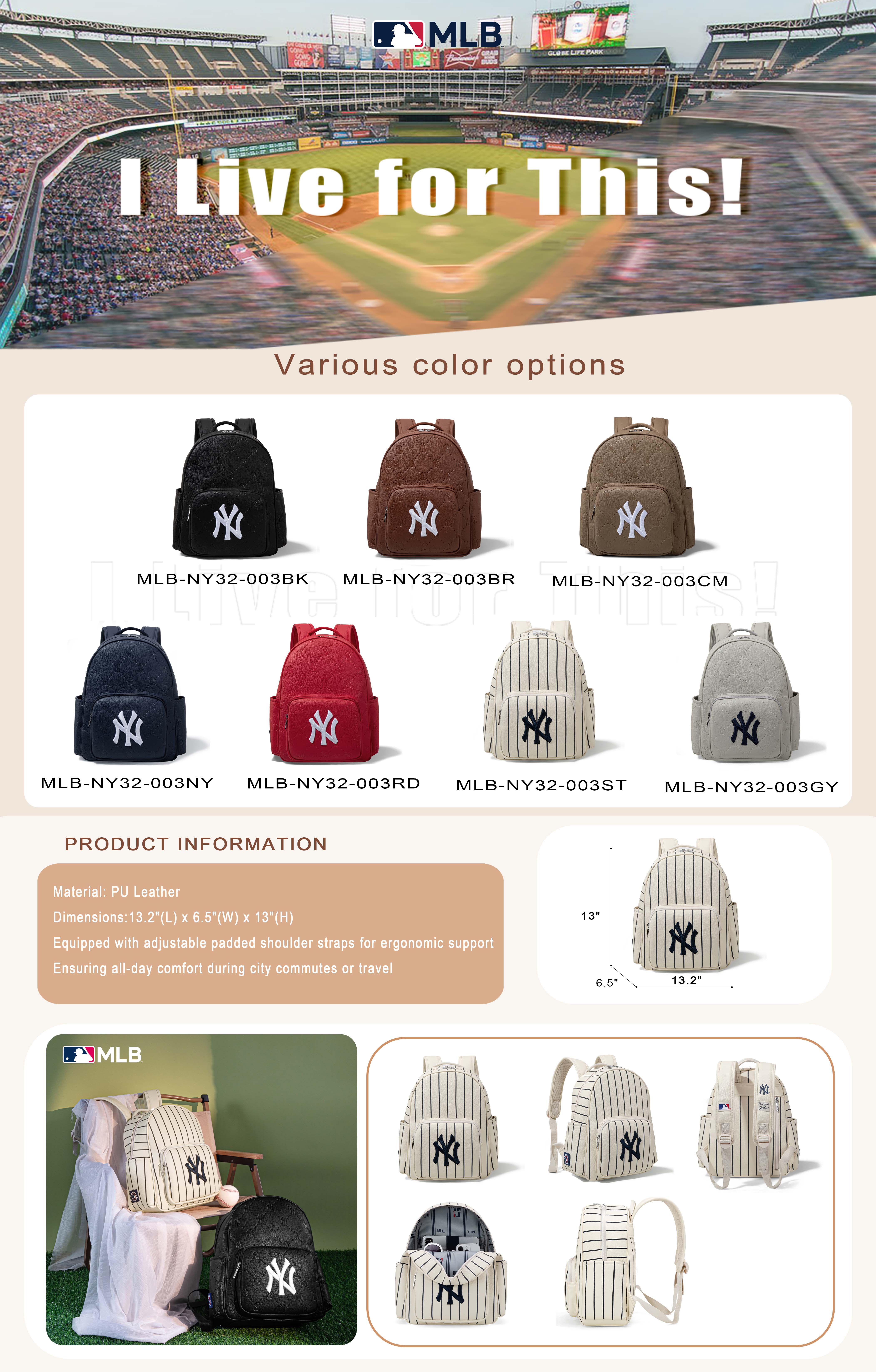 MLB PU Leather Laptop Backpack College, Business, Work, Teacher, Travel, School Backpack，Logo Embroidered Backpack Unisex Multi-Compartment Large Capacity,32-003