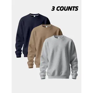 Men's round neck sportswear set, soft wool casual pullover, classic solid color long sleeved top, ideal choice for daily wear, gym, and layering