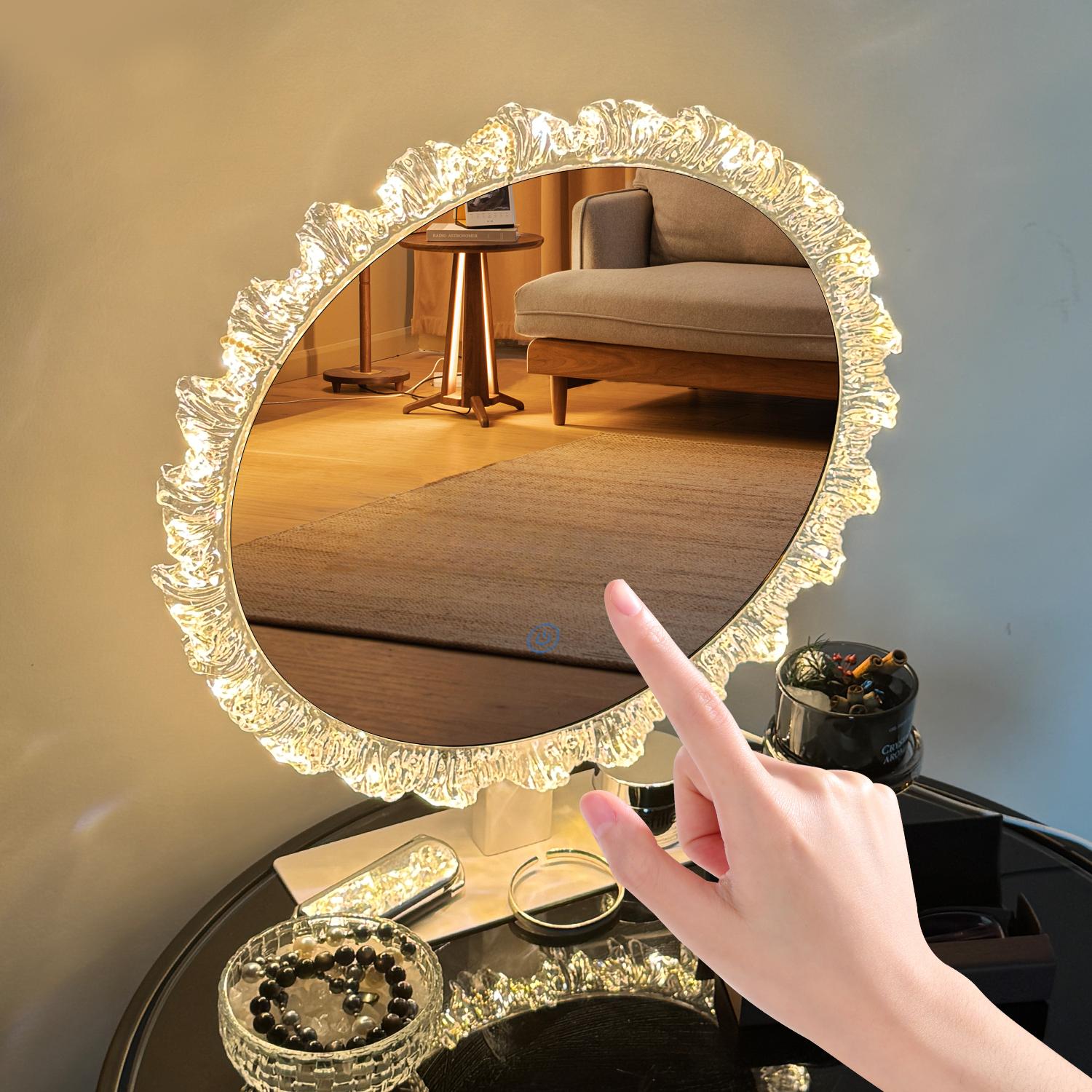 GALENTAL Iceberg Dimmable Round Vanity Mirror with Light, Round Bathroom Mirror With Touch Screen Control, LED Desktop Makeup Mirror, Round Bathroom Mirror For Over Sink,  Adjust Brightness, 3 CCT,Home Decor, Bedroom