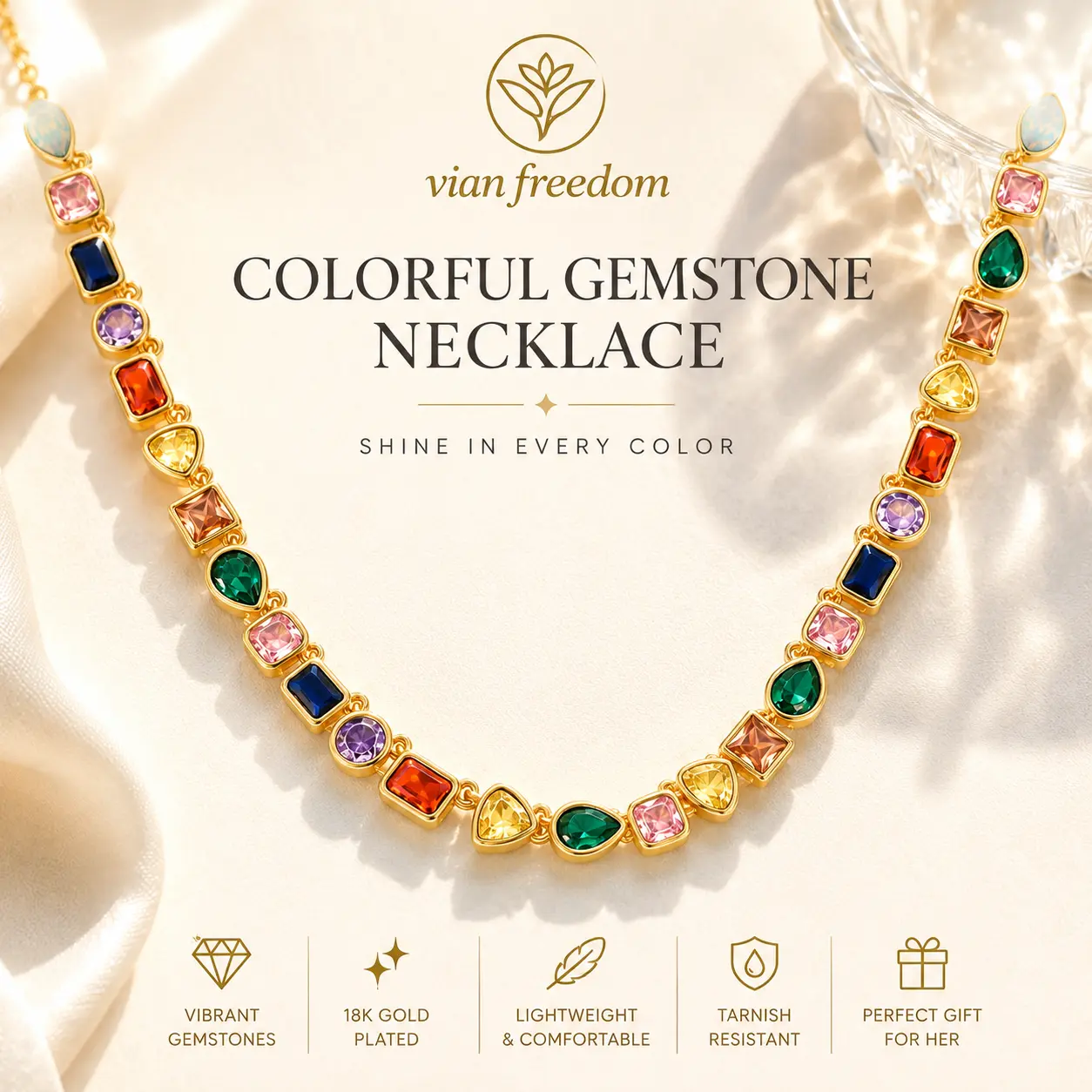Women's Gold-Plated Adjustable Gemstone Choker Necklace - Lightweight, Multicolor Cubic Zirconia Statement Summer Costume Jewelry