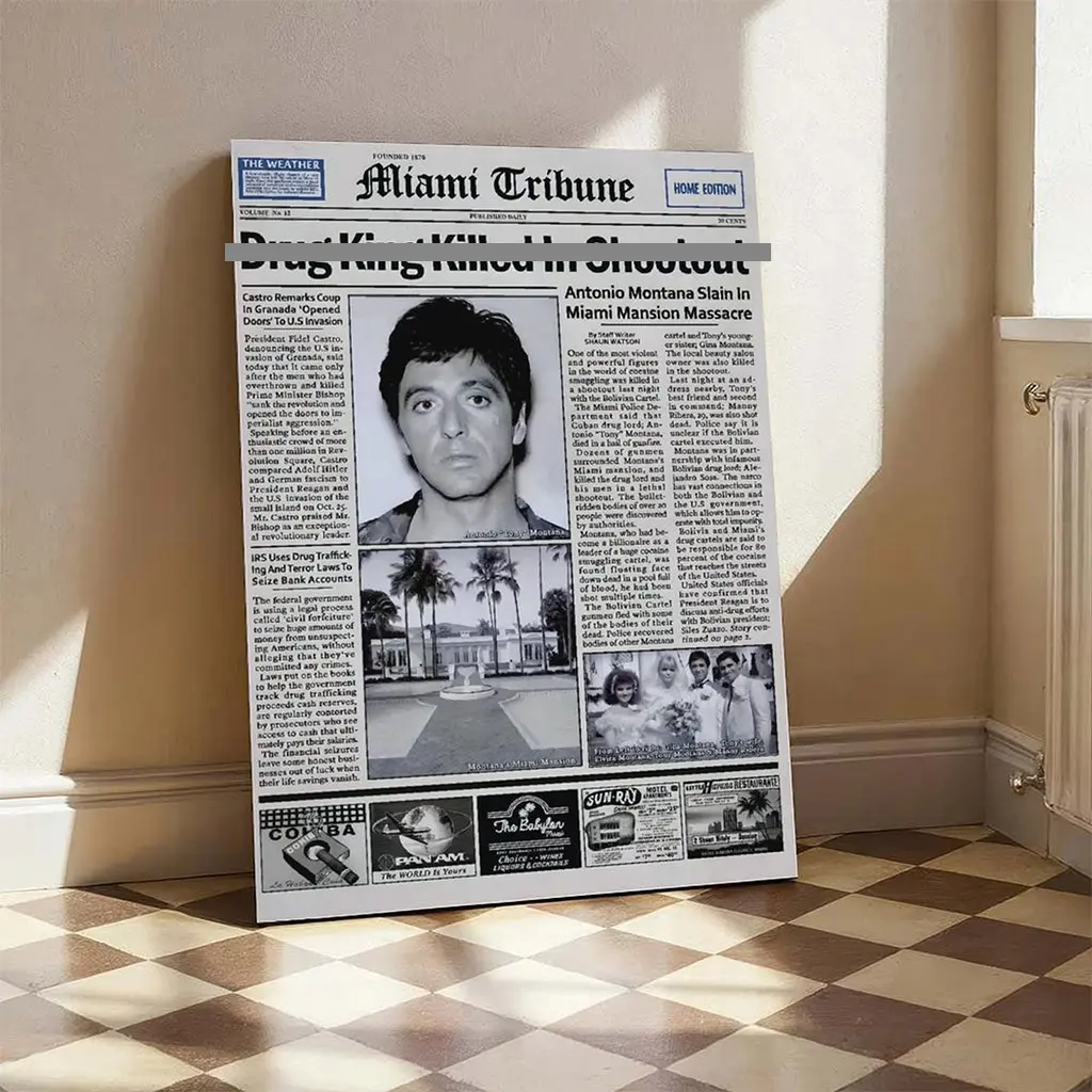 Framed Scarface Tony Montana Newspaper Poster Print - Artistic Home Decor Painting for Movie Enthusiasts, High-Quality Solid Wood Frame, Waterproof Wall Art for Room, Collectible Gift