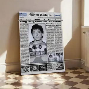 Pacino Tony Montana Newspaper Poster Print Scar Face Trendy Wall Art Canvas Collectible Gift for Movie Enthusiasts High-Quality Solid Wood Frame Waterproof Design