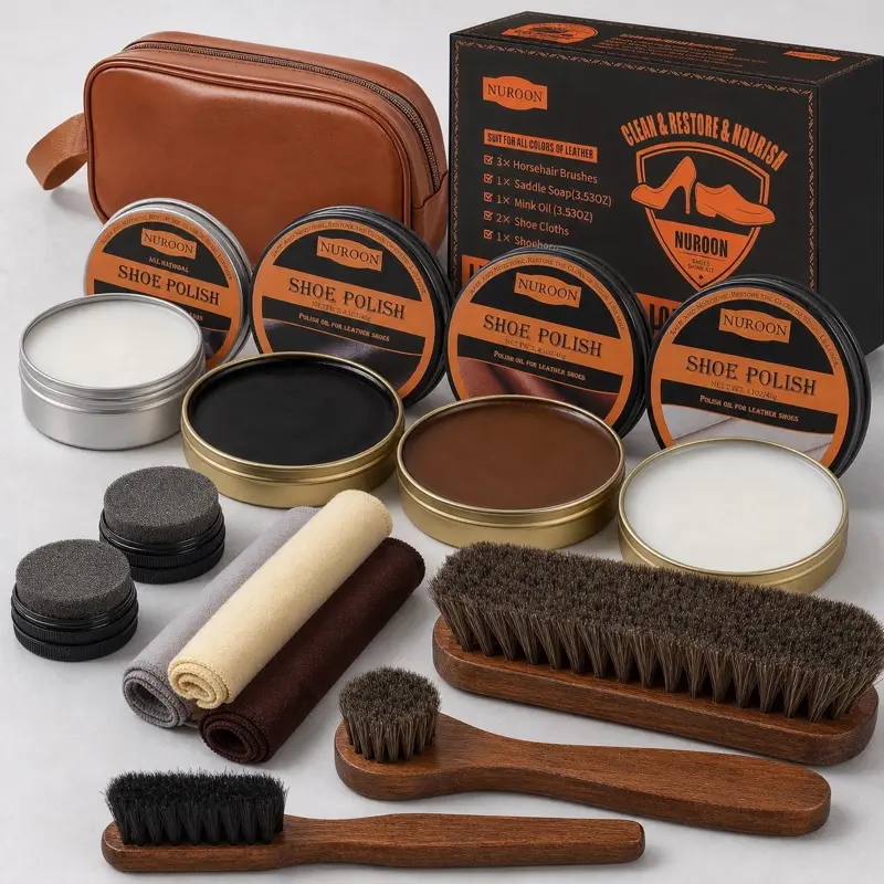 13Pcs Shoe Care Kit for Men & Women,3 Horsehair Shoe Polish Brush,Black Brown Neutral Mink Oil for Shoes,Care for Leather Boots, Shoe Cleaning Kit as Gift for Men with Shine Sponges & Care Cloth Bag outdoor protective