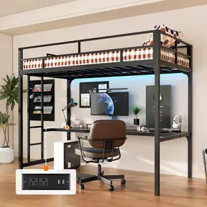 INTERGREAT Loft Bed Twin Size with Desk, Metal Loft Bed Frame with LED Lights and Charging Station, Safety Guardrail and Ladder, No Box Spring Needed, Space-Saving, Noise Free, Black