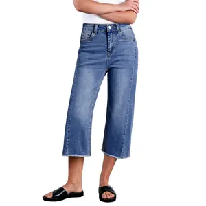 Sidefeel Women's Capri Jeans High Waisted Wide Leg Stretchy Raw Hem Side Seam Zimbaplatinum Denim Pants