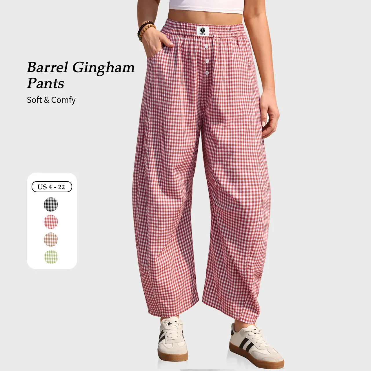 【SS26 Collection】TARSE Gingham Pants Women Barrel Loose Wide Leg Checkered Baggy Casual Linen Plaid Trousers with Pockets Summer Boho Beach Palazzo