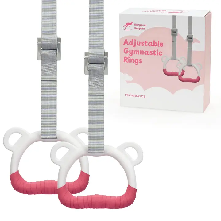 Kangaroo Hoppers Kids Adjustable Gymnastics Rings Set, Kid-Safe Strength Building Sports Equipment with High-Density Straps, Grows with Child for Home Training, Fits Different Heights