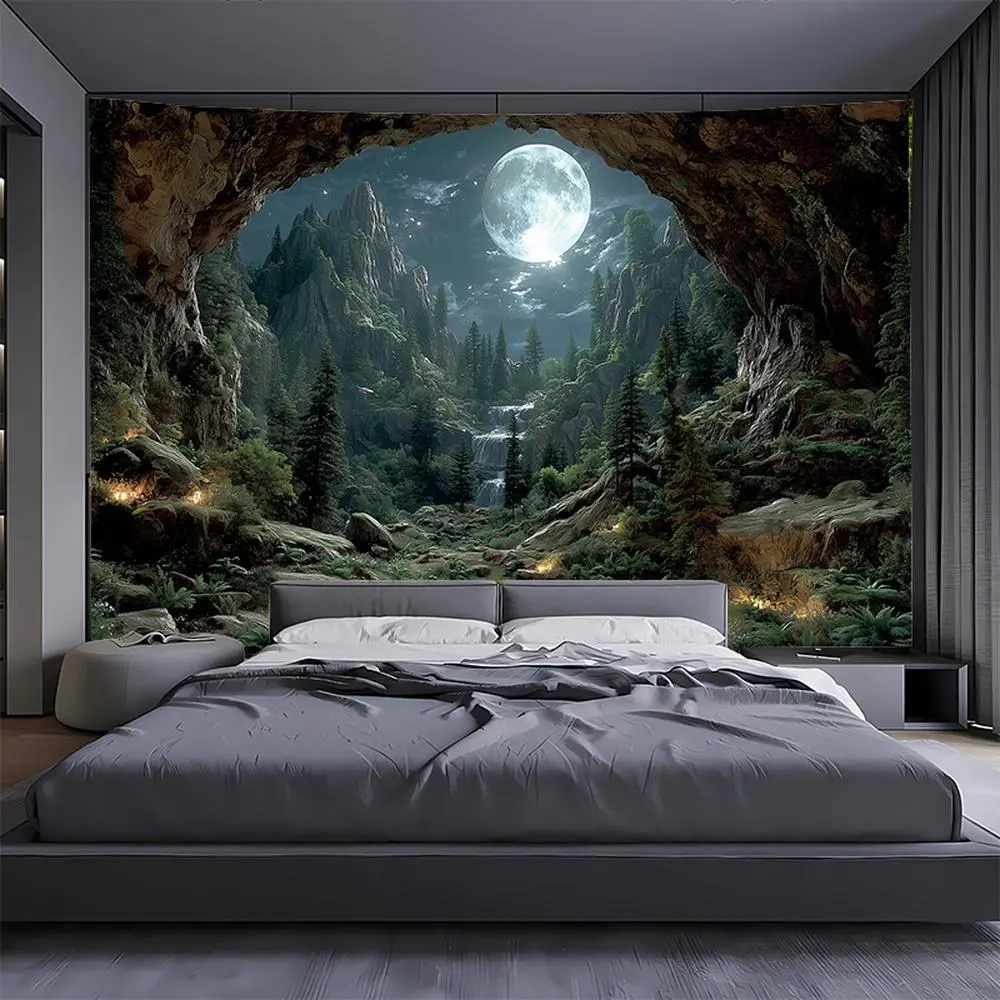 1PC 2D Flat Polyester Reusable Tapestry - Dreamy Moonlit Cave, Forest & Waterfall Scene, Room Decor Home Accessories for Bedroom Bedhead, Birthday Backdrop Banner, Mysterious Natural Home Supply, Wall Decor, One-Piece