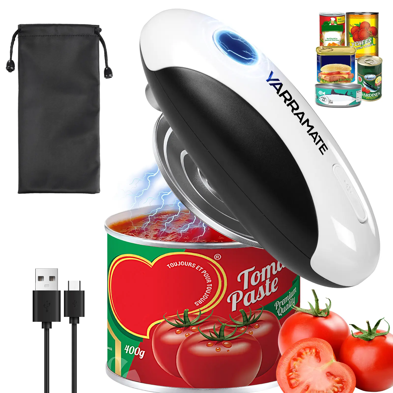 YARRAMATE USB-C Rechargeable Plastic Automatic Electric Can Opener - 1-Touch 14500 Li-ion Battery, Built-in Lid Remover, Smooth Edge, Hands-Free Clean Use, Portable for Camping/Seniors, Fits All Sizes, ABS, 159×64×64 mm, 320 g, 500 mAh, Storage Bag, Blade