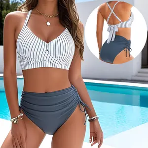 Womens High Waisted Bikini Sets Drawstring Tummy Control Swimsuits Crisscross Tie Back Bathing Suit