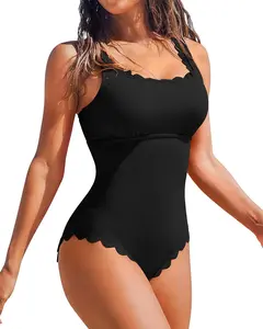 Womens Scalloped Ribbed One Piece Swimsuits Retro Square Neck Modest Bathing Suits