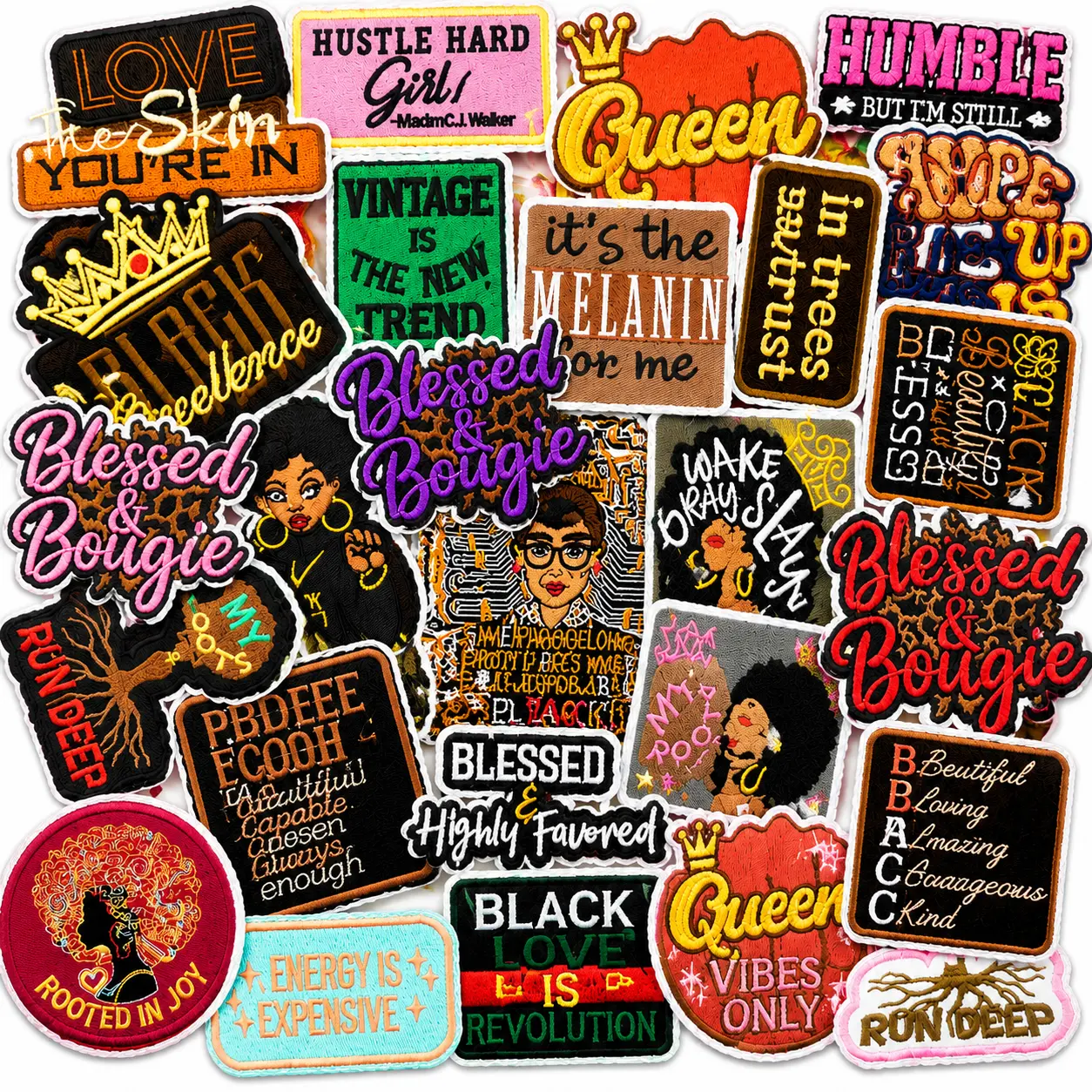20PCS Black Girl Magic Embroidered Iron-On & Sew-On Patches - Inspirational Quotes, Aesthetic Chic Cultural Motto, Clothing Decor for Apparel Surfaces, DIY Sewing Supplies with Free Shipping