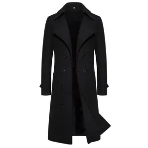 Men's Mid-Length Autumn and Winter Double Breasted Trench Coat Woolen Coat Slim-Fit Woolen Coat Polyester Pocket Long Menswear
