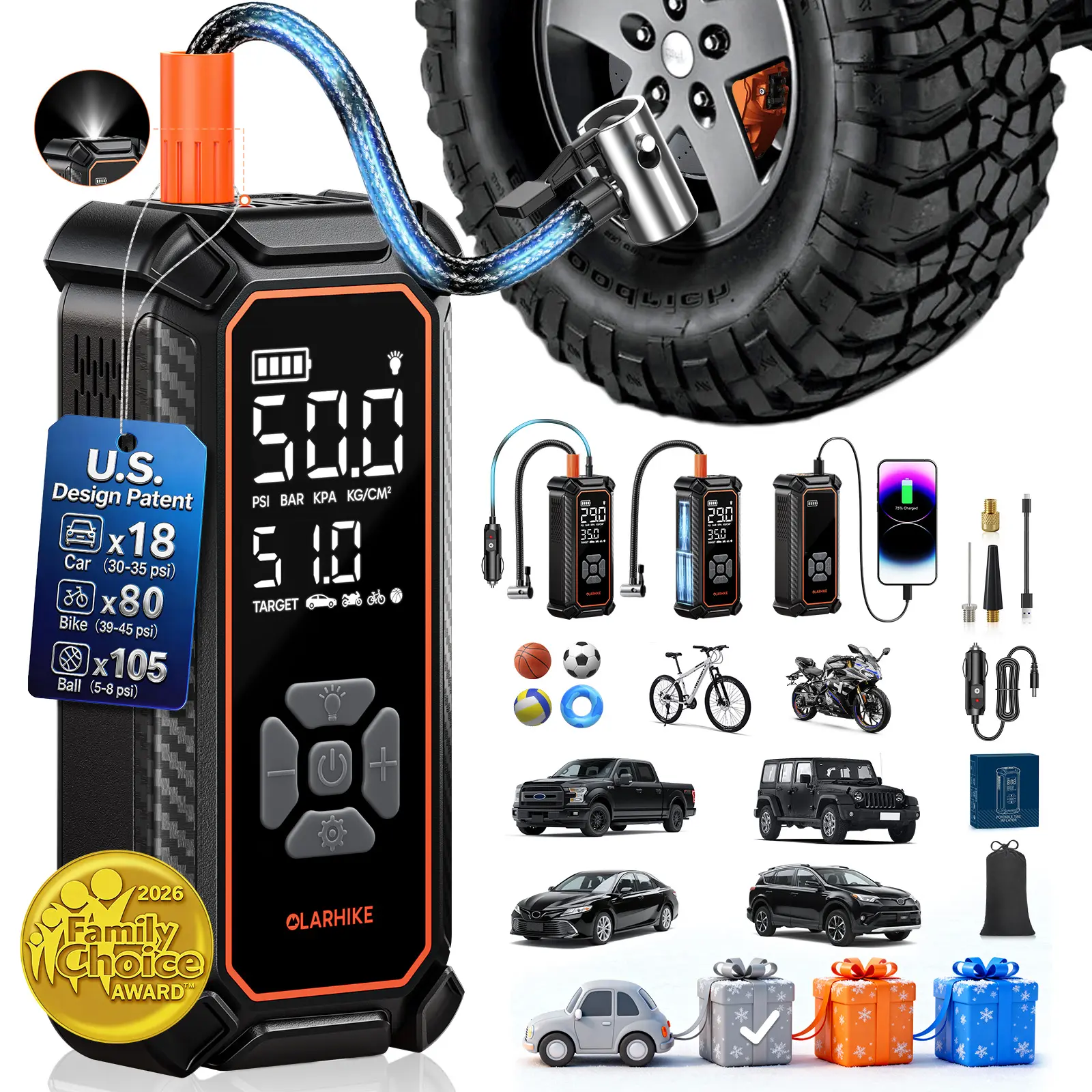 【OlarHike】 Tire Inflator Portable Air Compressor, Lightning-Fast Inflation, Dual Power - 6000mAh & 12V DC, Cordless Air Pump for Car Tires, Bikes, Motorcycle, Balls with LED & Digital Pressure Gauge
