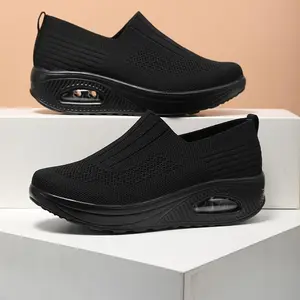 Women's Air Cushion Flying Woven Fashion Chunky Sneakers, Breathable Slip-on Casual Walking ShoesGift Footwear