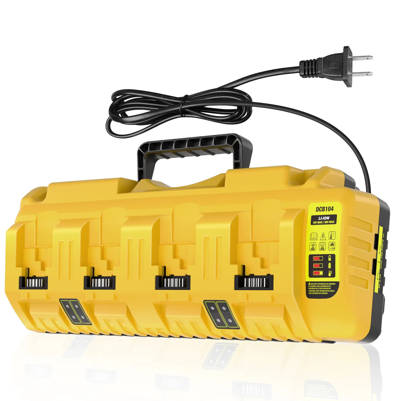 4-Slot Fast-Charging Multi-Port Power Tool Charger Station with USB Port, 14.4V/18V/20V Lithium-Ion Pack Compatibility, Status Indicator, Over-Temp Safe Protection, ABS+PC Alloy Build for Home Organization