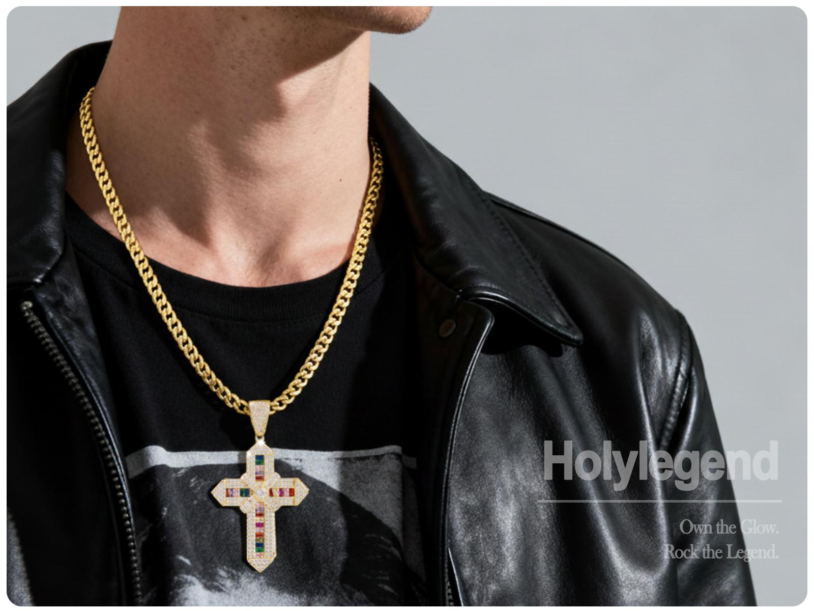 Holylegend 14k Real Gold-Plated Cuban , Figaro, Miami Cross with Jesus Christ Crucifix,24 inches Long and 6mm Wide,Handcrafted Polishing and Multiple Electroplating Daily Wear Necklace