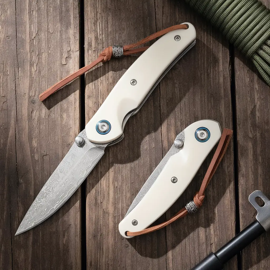 Damascus Steel Folding Pocket Knife - Hardened Blade, Sharp Drop Point, Ergonomic Resin-Steel Handle for Secure Grip, 60HRC Hardness, Compact EDC Tool, Versatile Outdoor Companion, Perfect Gift for EDC Lovers