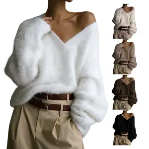 Yimoon Fuzzy Sweater for Women V Neck Long Sleeve Soft Chunky Pullover Sweater Loose Slouchy Fluffy Jumper Top