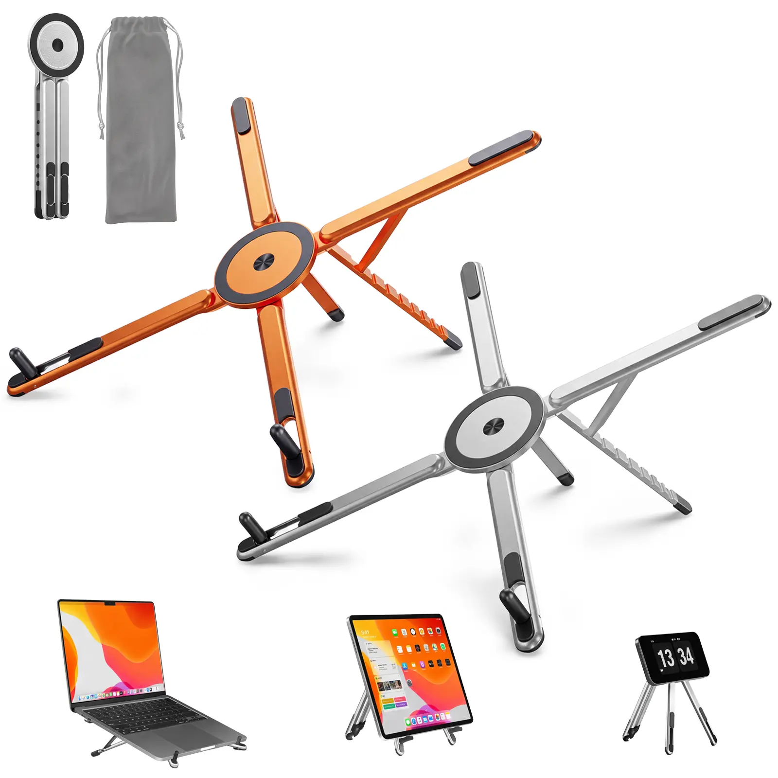 Portable Laptop Stand for Desk, Foldable Adjustable Computer Riser with Magnetic Phone Holder, Aluminum Laptop Stand for 10–16” Laptops & 4–13” Phones/Tablets