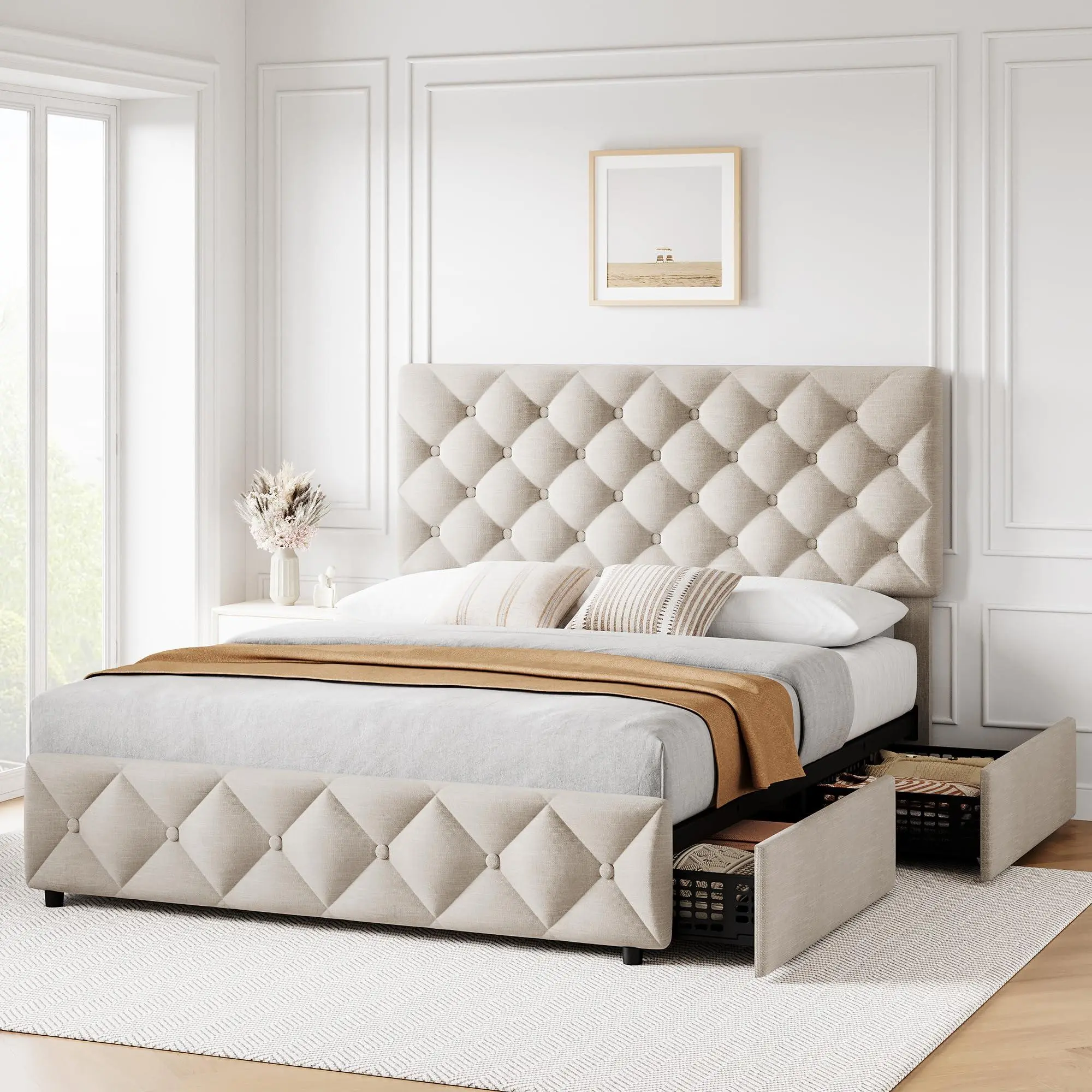 Beige Linen Upholstered Full Size Storage Bed Frame with 4 Drawers, Headboard, Diamond Stitched Button Tufting, Wooden Slats Support, No Box Spring Needed