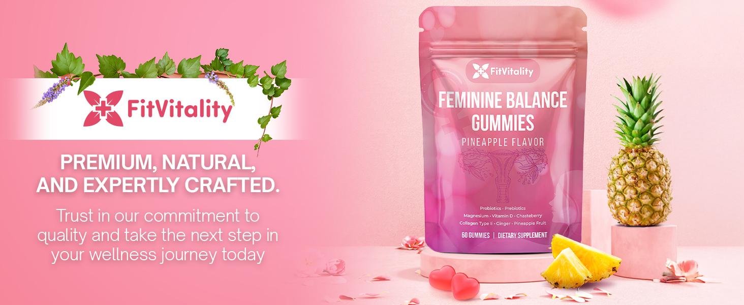 Premium 60 Feminine Balance Gummies – Vaginal Probiotics & Support Digestive Health – Probiotics, Collagen Type II, Chasteberry, Vitamin D & Magnesium – Gluten-Free, Natural Pineapple Flavor, Vegan