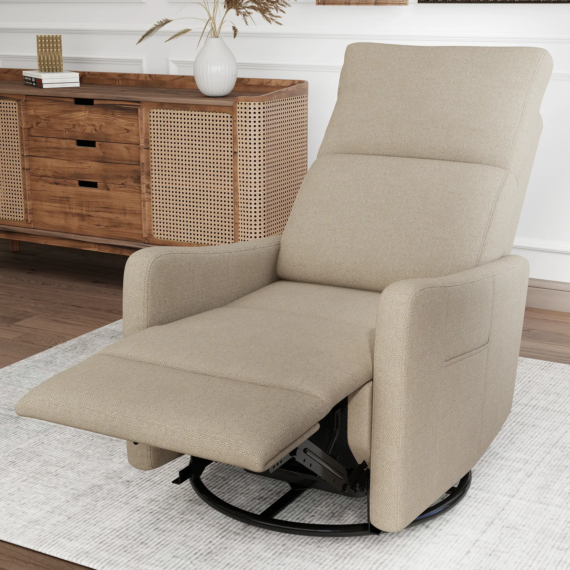 Power Swivel Recliner Chair for Adults 270° Swivel Rocker Recliner with USB Ports Small Space Reclining Chair Upholstered Fabric Glider Rocker for Living Room Nursery Theater Seating Brown, Brown Color Options, Snowflake Velvet Fabric Material