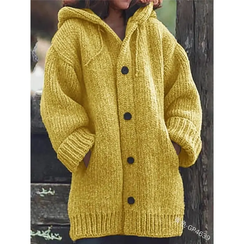 2025 Cardigan Sweater - Sports Outerwear with Attached Hood, Button Front, Mid-Length Cut