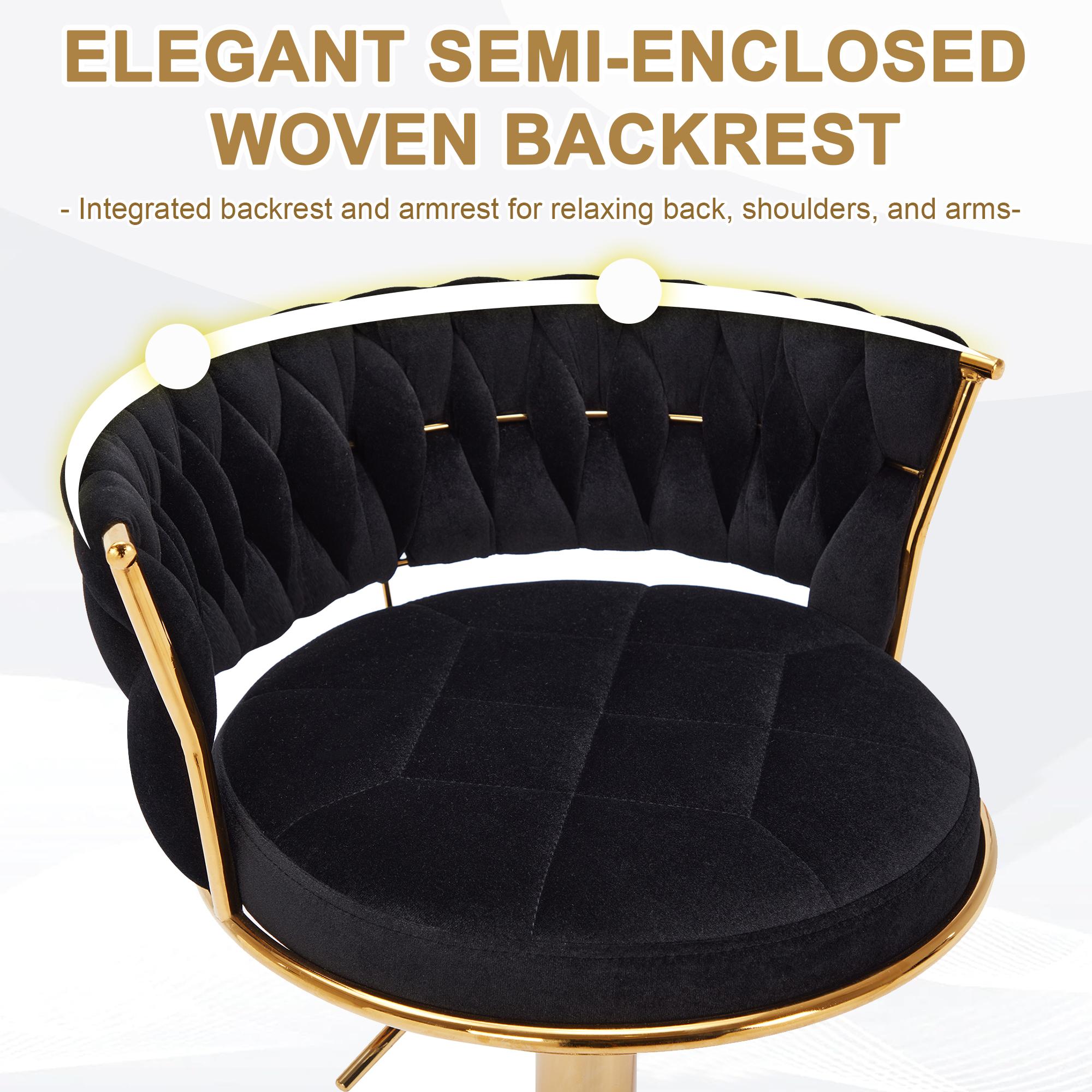 VECELO Modern Black Velvet Bar Stools Set of 2/4 with Woven Arm and Backrest, Height Adjustable and 360° Swivel for Kitchen Island, Cafe, Pub, Bar Counter