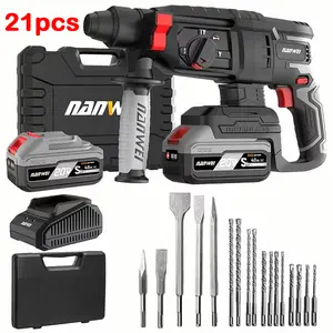 21pcs Heavy-duty 20V Brushless Cordless Rotary Hammer - Professional Rotary Drill, 4500 RPM, with 2 x 4000mAh batteries, storage case, 3 modes (hammering, drilling, chiseling), includes drill bits, flat chisel, pointed chisel, and storage case.can drill
