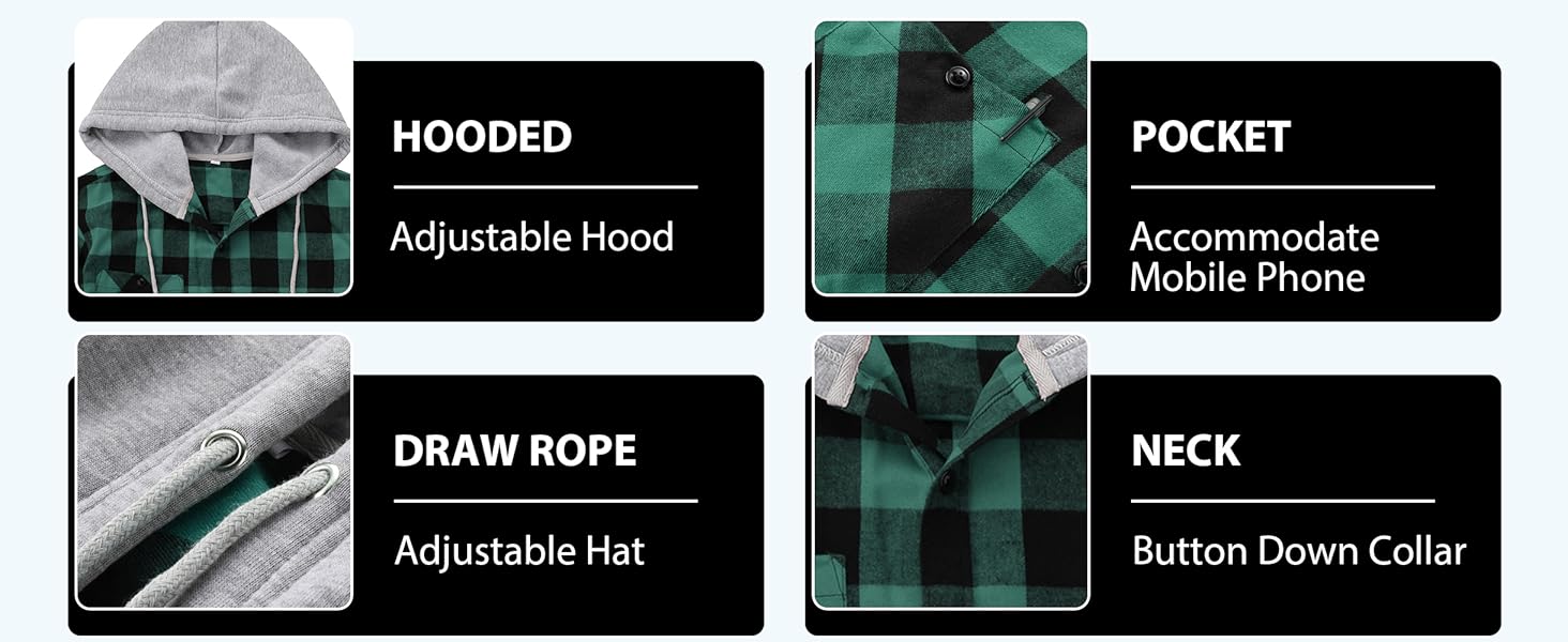 ZITY 3 Pack Men's Spring Lightweight Hooded Shirts - Wetsuit-Soft Thin Flannel Bundle - Multi-Color Value Set - Breathable Button Down Shacket for Men