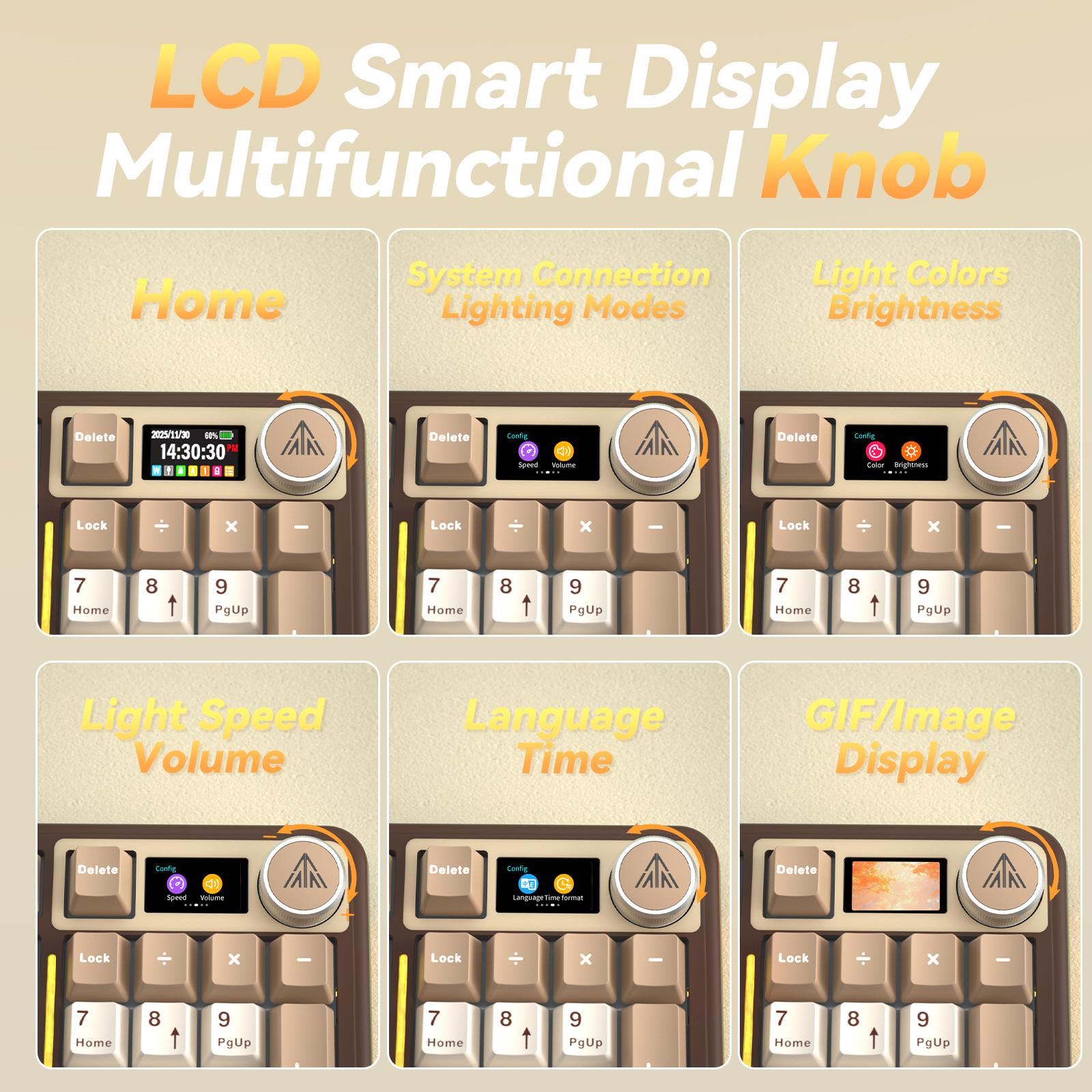 Solakaka A99 Pro 99% Wireless Mechanical Keyboard,  Hot-Swappable,  LCD Screen & Control Knob,  Tri-Mode Bluetooth/2.4G/USB-C,  RGB Backlit, Cream Coffee