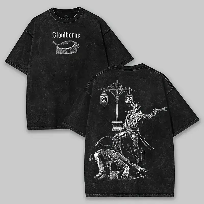 Men's Fitted Casual Sport Cotton Crew Neck T-Shirt - Bloodborne Hunter Design, Vintage Distressed Gothic Horror Short-Sleeve, Soulsborne Inspired Alt Menswear, All Seasons, Hand Wash Only