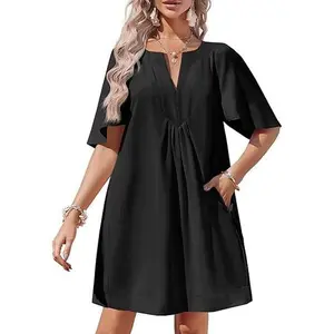 Wenrine Women's Flutter Short Sleeve Mini Dress Casual V Neck Loose Flowy Summer Shift Dresses Fit Womenswear