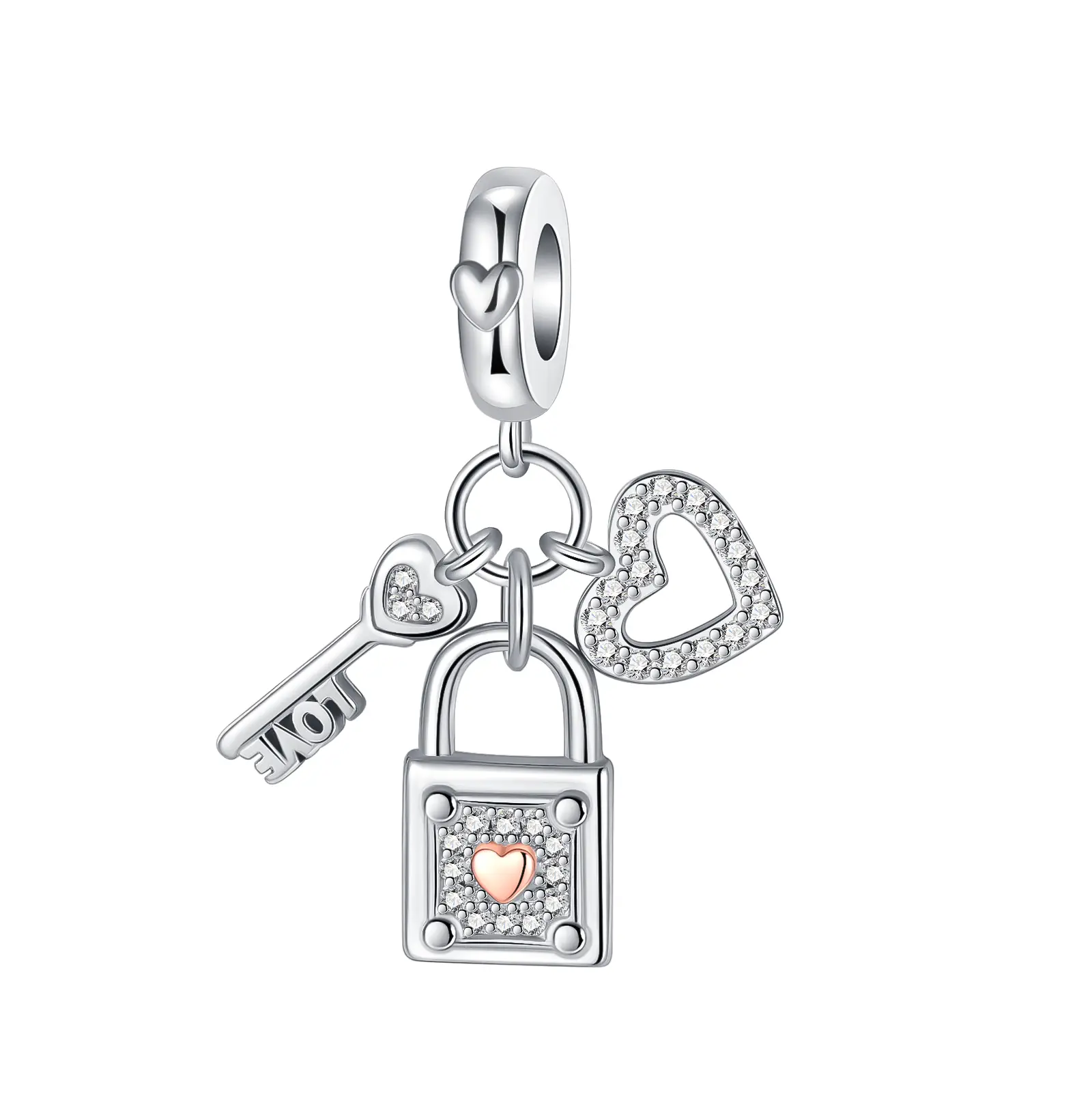 Lock & Key Love Dangle Charm, 925 Sterling Silver, Two-Tone Rose Gold Heart Accent, Clear Paved Design, “LOVE” Engraved Key for Bracelets, Romantic Jewelry & Anniversary Gifts, Perfect Women’s Gift