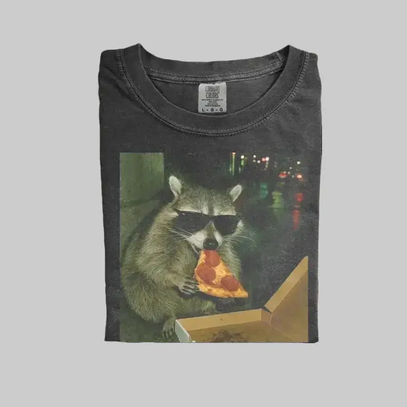 Comfort Colors Raccoon Eating Pizza Funny Meme T-Shirt – a silly vintage graphic tee with sarcastic humor, perfect novelty gift for women who love quirky raccoon memes and fun style.