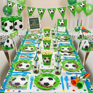Soccer Party Supplies Set, Football Themed Disposable Tableware & Decorations, Includes Plates, Cups, Napkins, Tablecloth, Banner, Hats and Cutlery, Serves 10 Guests, Vibrant Leak-Resistant Eco-Friendly Design, Summervibes