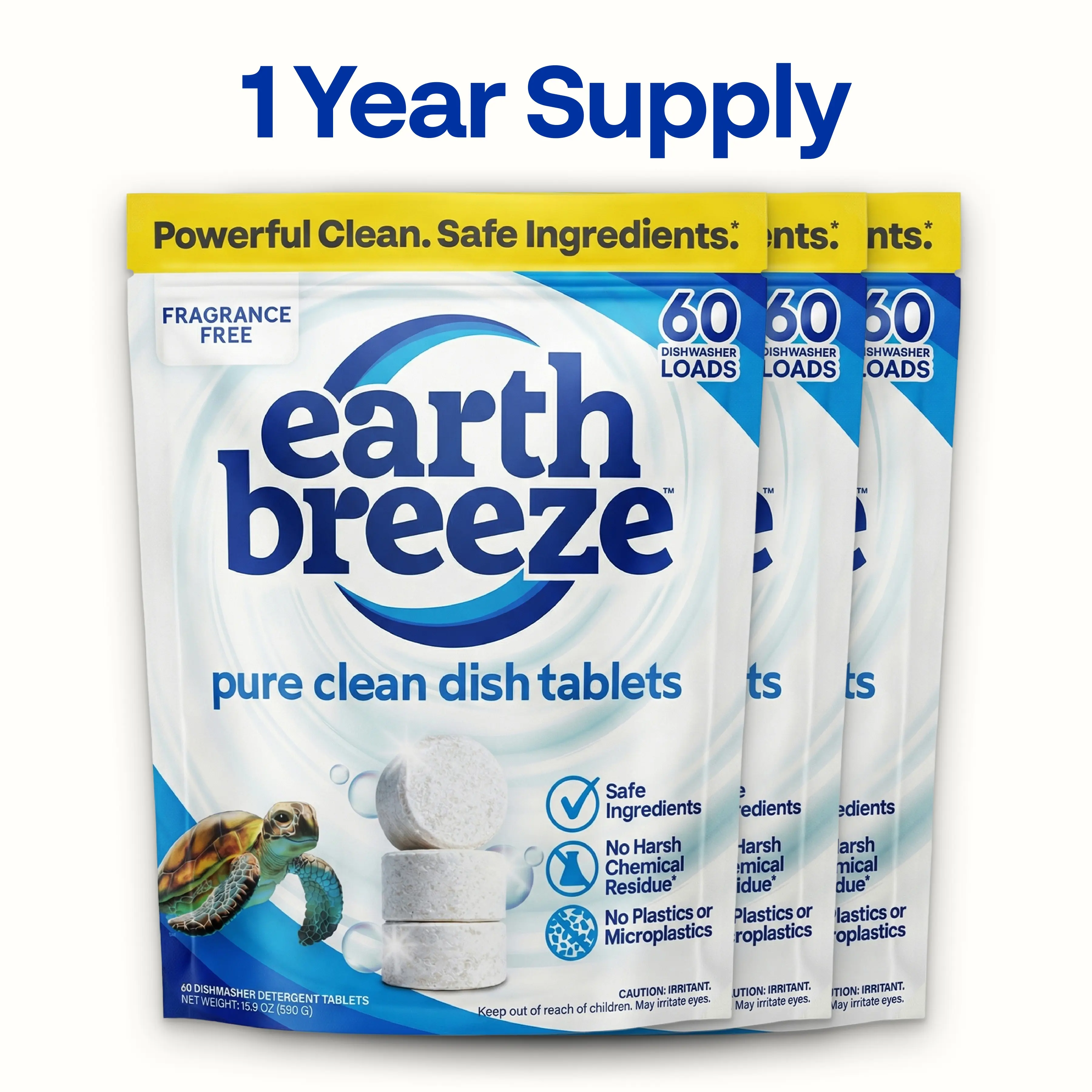 Earth Breeze Dishwasher Detergent Tablets - 1 Year Supply: 100% Plastic-Free Tablets, Free & Clear with No Harsh Chemicals, 3-in-1 Triple Enzyme Formula, Eco-Friendly Dish Washing Pods, HE Safe
