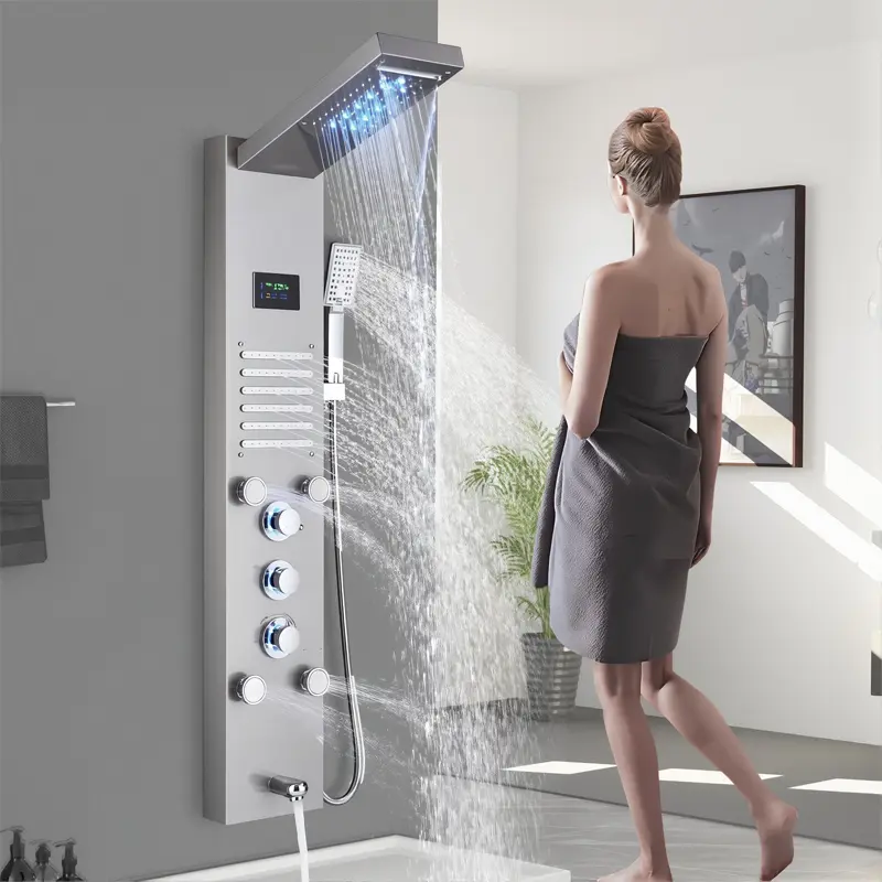 Brushed Nickel Luxury LED Shower Shower Set, Waterfall Massage Body Jet System, Stainless Steel Rainfall Shower Shower with 3 Settings Handheld Shower And Tub Faucet, 5 Functions, Digital Display, Wall Mount Installation, Modern Premium Design