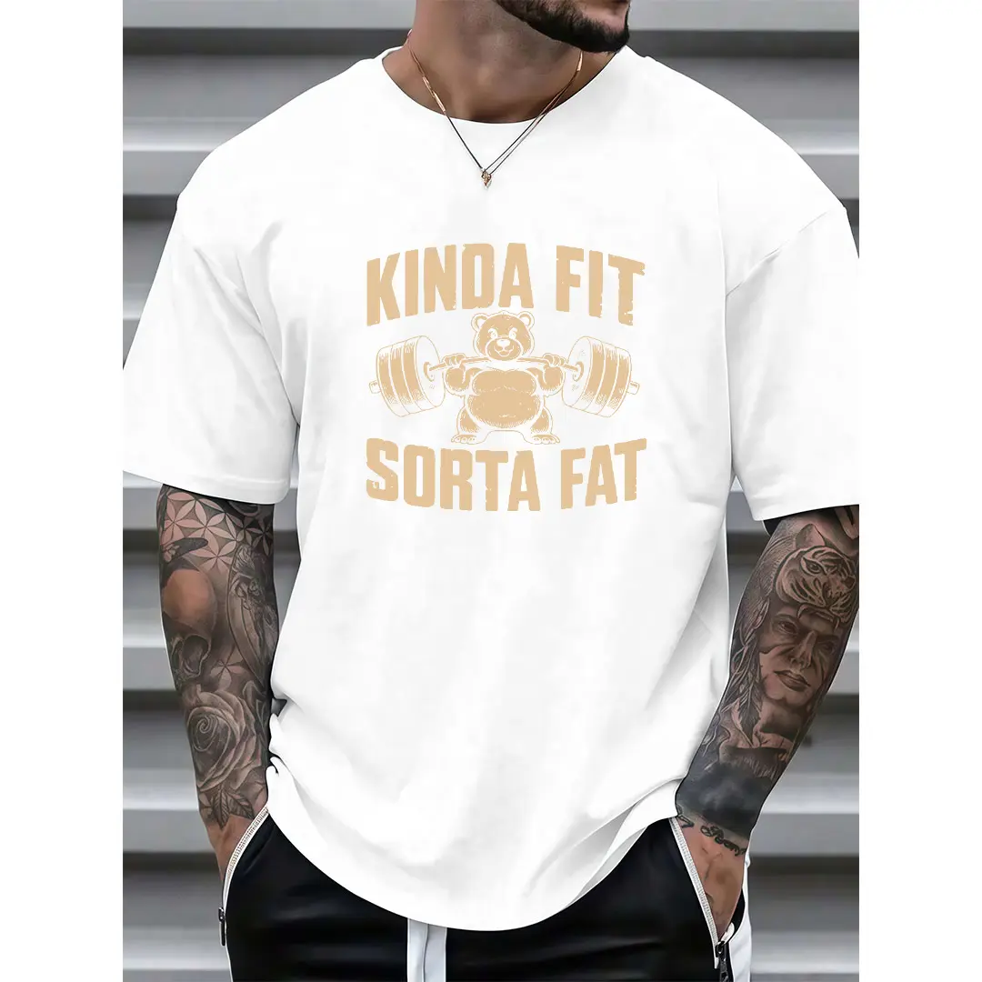 Oversized Graphic T-Shirt, Funny Weightlifting Bear, Heavyweight Cotton Casual Short Sleeve Round Neck Top for Gym & Streetwear