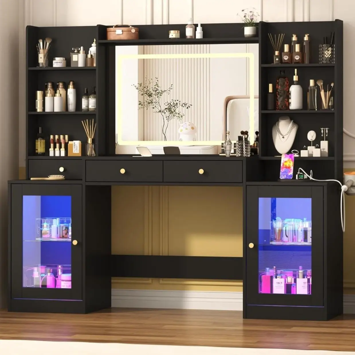 62" Large Black Vanity Desk w/ Tempered Glass Top,60000-color LED Lights,Power Outlet, Make up Vanity w/ 3 Lights Mode LED Mirror,  Drawers, RGB Cabinet LEDs Vanitys Table for Women,Girls Bedroom