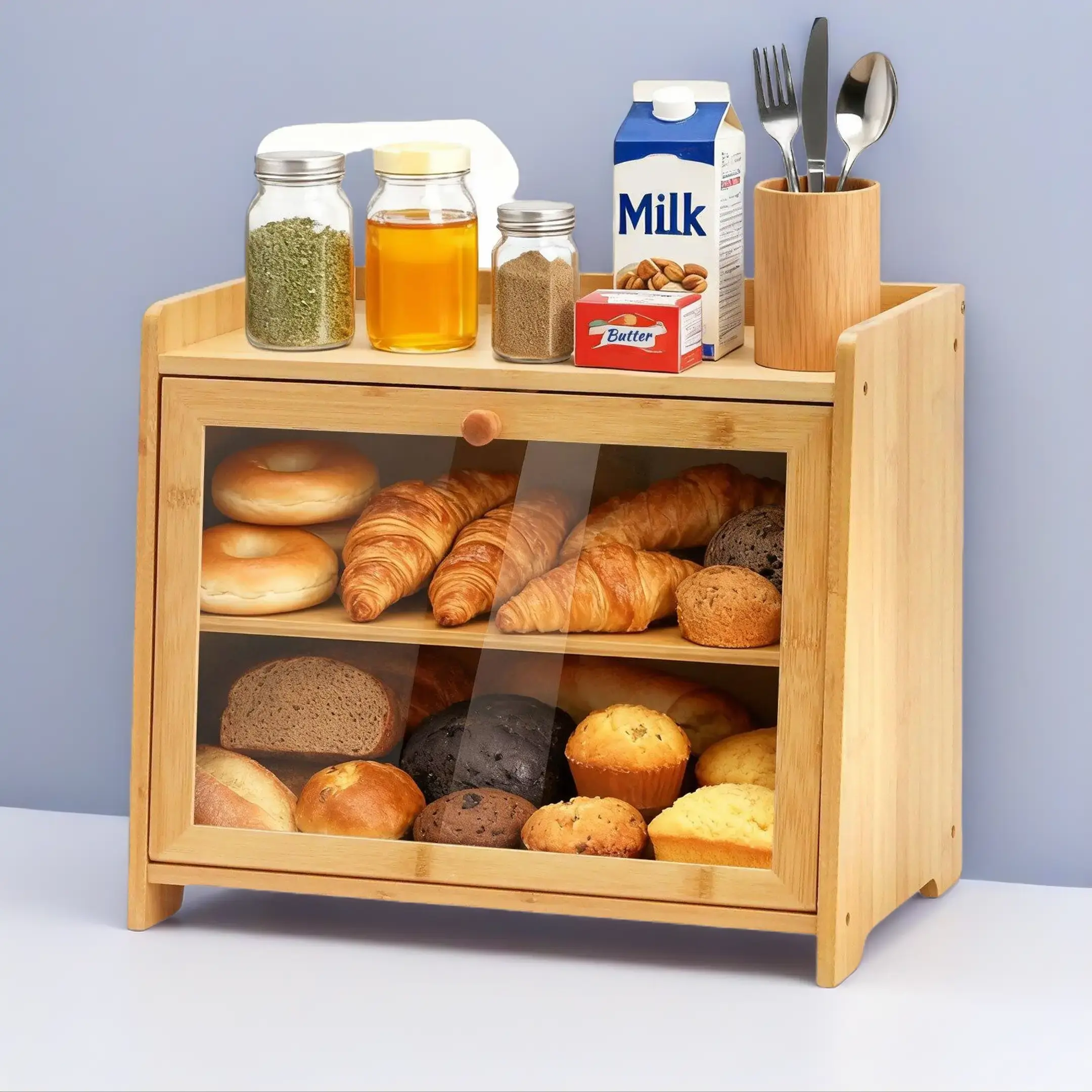 Farmhouse Chic 2-Piece Bamboo Rectangular Bread Storage Containers - 16.14" x 11.81" x 3.74", Double Layer, Acrylic Window, Flat Top Shelf, Large-Capacity Dustproof Easy-Care Kitchen Organizers for Spice, Tea, Utensils Storage