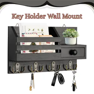 Rustic Wooden Wall Mount Key Holder with Shelf, 8 Hook Mail Organizer Drawer, Entryway Storage Rack for Keys Mail Accessories, Space Saver, Mother’s Day Gift, Father’s Day Gift