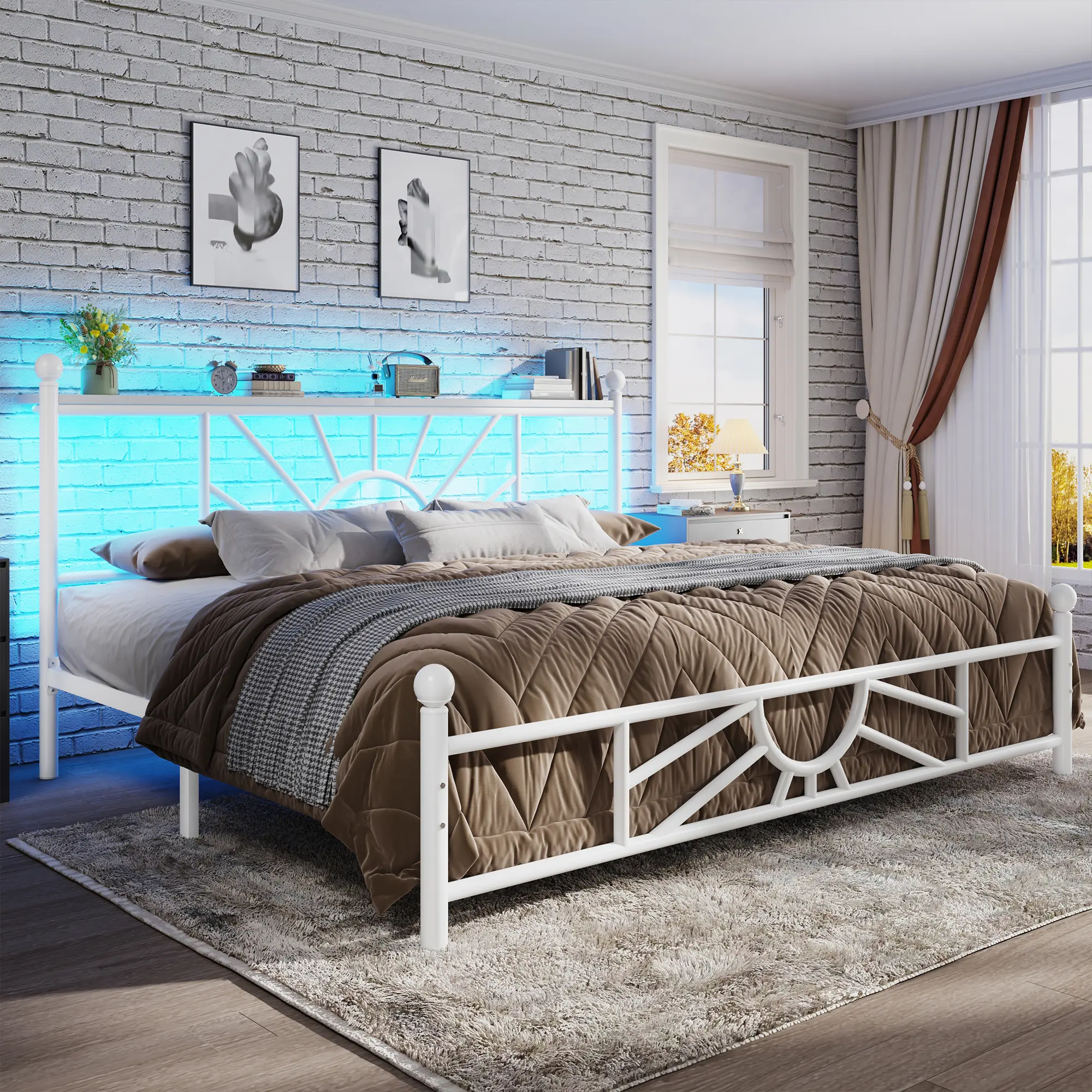【Back-to-School Season】King Queen Full Metal Bed Frame with Headboard & LED, NO MATTRESS,Under Bed Storage Space & Strong Metal Slats, Iron Bed Frame, Noise-Free, Easy Assembly, Modern Bedroom Furniture,Easy to assemble in 30 mins, 1300 lbs Capacity,White