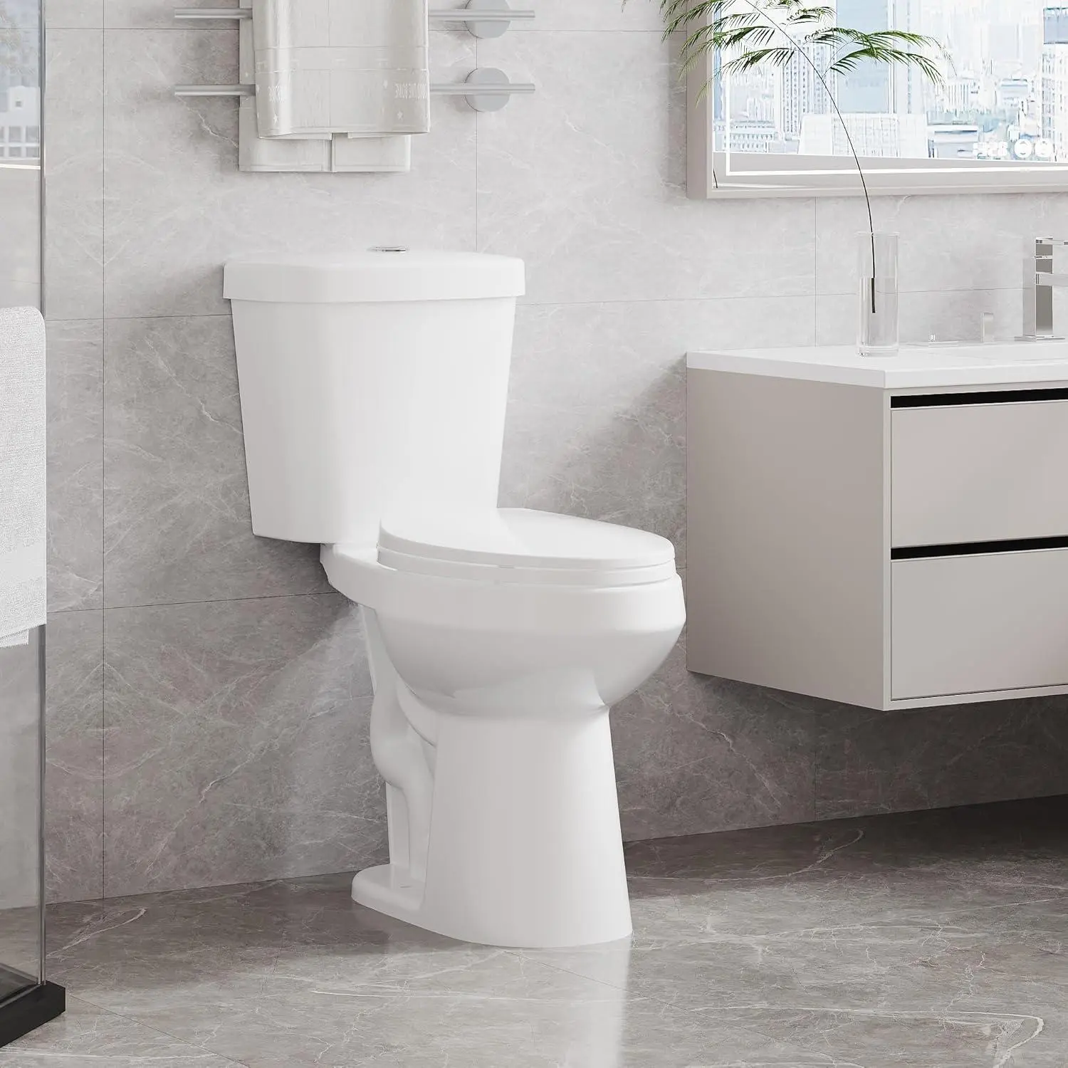 Two-Piece Toilets for Bathrooms, Comfort ADA Height 19", Elongated with Soft Close Seat, Power Flush 1.28 GPF