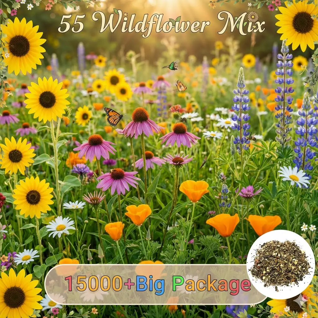 15000+ Wildflower Seeds Mix 50 Varieties Non-GMO Perennial Flower Seeds for Planting Outdoors Butterfly & Pollinator Flower Mix Attract Bees Birds & Hummingbirds All Perennial Wildflower Mixed Seeds for Planting,