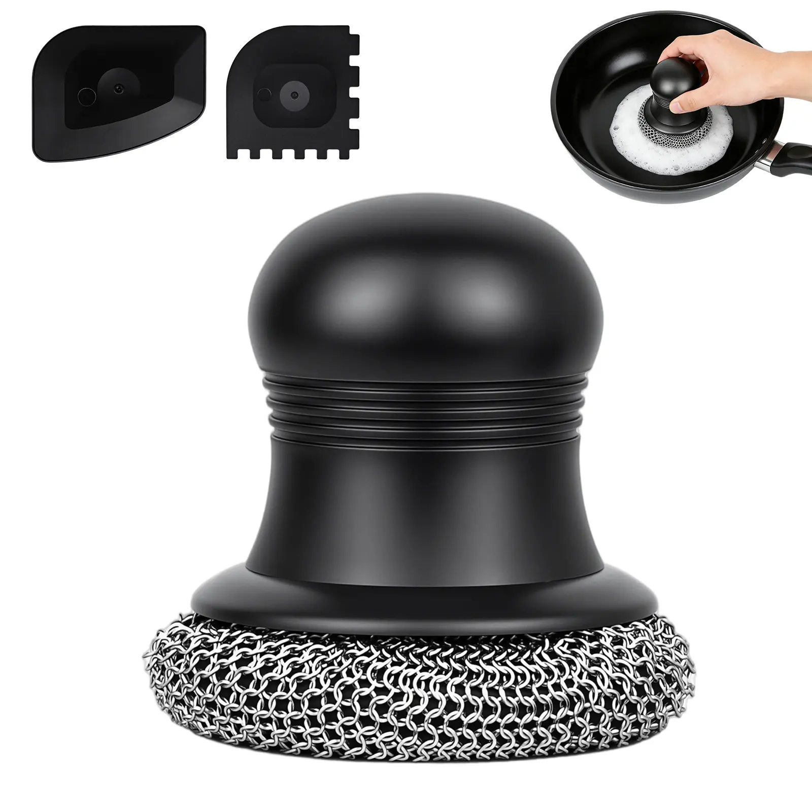 316 Stainless Steel Fine Ring Cast Iron Chainmail Scrubber Kit, Upgraded ABS Plastic Ergonomic Handle +2 Pan Scrapers, Cookware Cleaner for Cast Iron Skillets, Grills,Carbon Steel Pans
