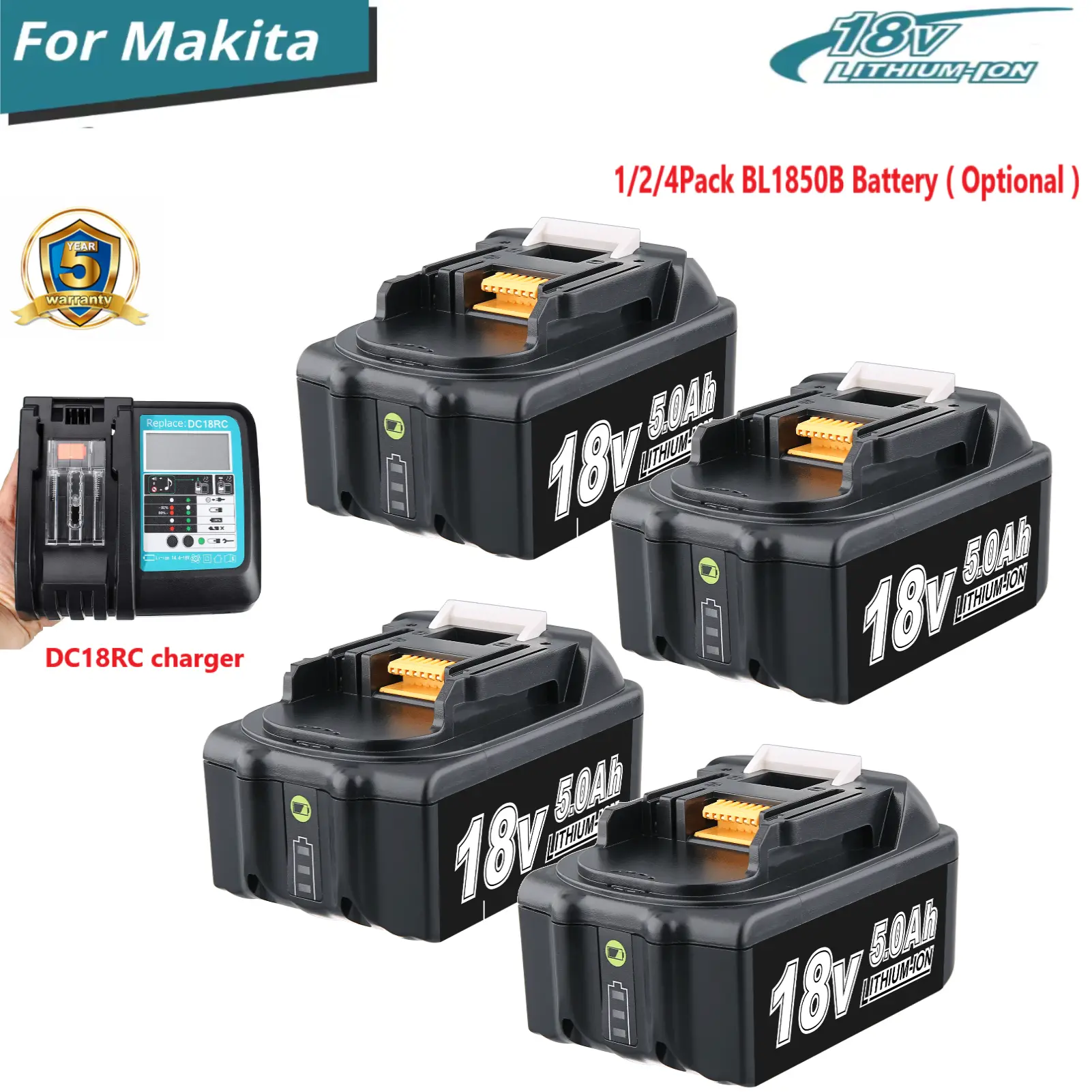 Lithium Ion Replacement Cordless Tool Batteries (1/2/4-Pack, 5.0Ah BL1850B) with DC18RC Charger for Makita 18V BL1860, BL1840, BL1830, BL1820, BL1815B, LXT400 Cordless Power Tools